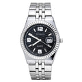 JeenMata Men’s Stainless Steel Fluted Bezel Watch, Water-Resistant Black Patterned Dial with Date & Cyclops Lens