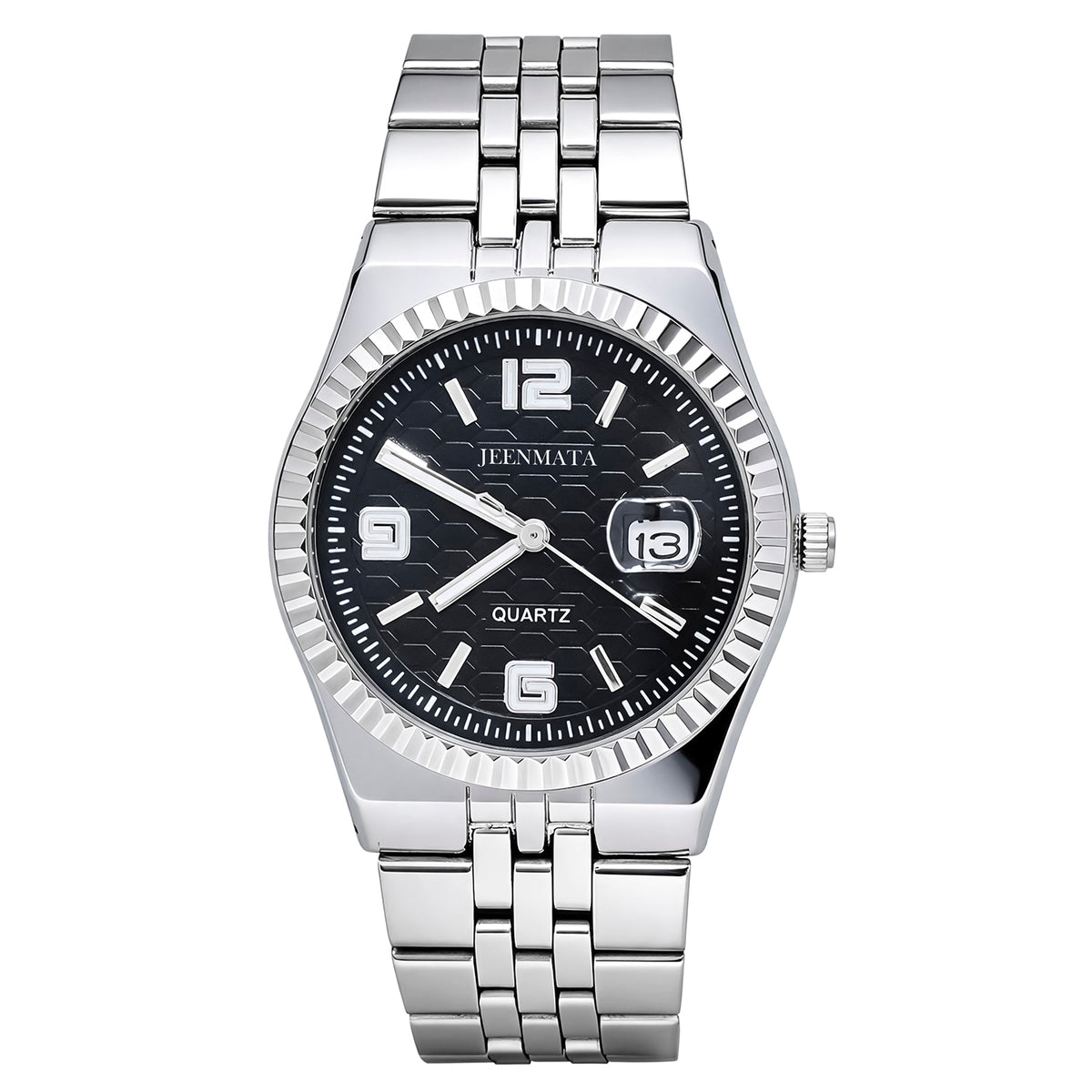 JeenMata Men’s Stainless Steel Fluted Bezel Watch, Water-Resistant Black Patterned Dial with Date & Cyclops Lens