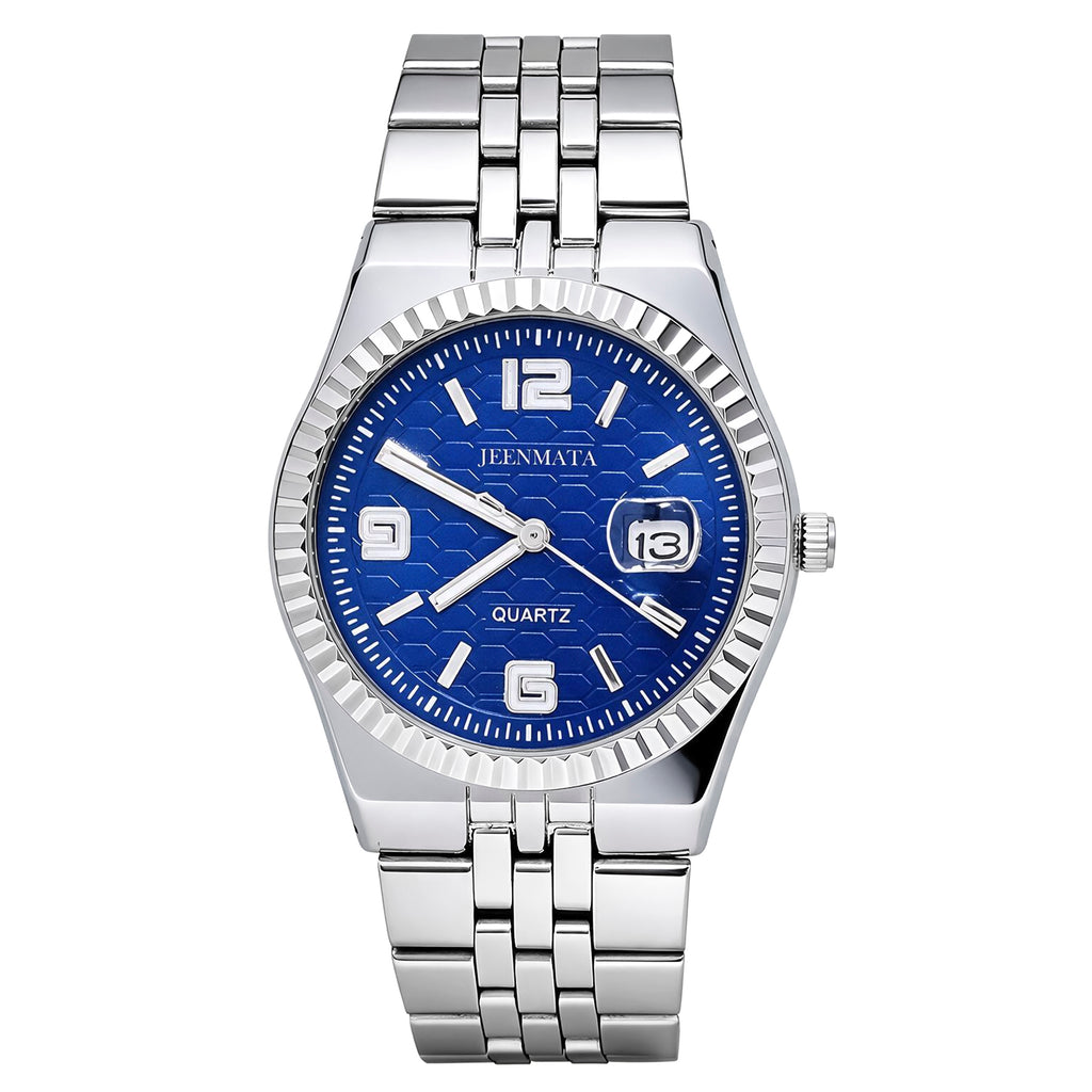 JeenMata Men’s Stainless Steel Fluted Bezel Watch, Water-Resistant Sunray Blue Dial with Date & Cyclops Lens