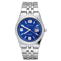 JeenMata Men’s Stainless Steel Fluted Bezel Watch, Water-Resistant Sunray Blue Dial with Date & Cyclops Lens