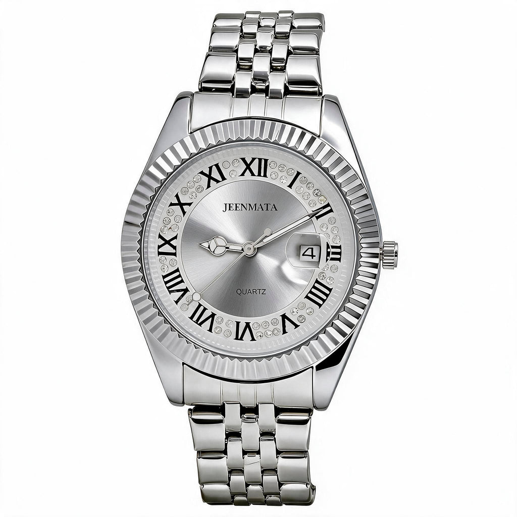 JeenMata Men’s Stainless Steel Watch, Water-Resistant White Dial with Roman Numeral Inner Bezel & Date