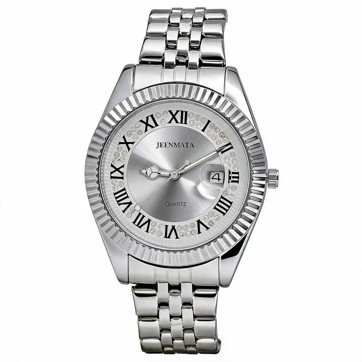 JeenMata Men’s Stainless Steel Watch, Water-Resistant White Dial with Roman Numeral Inner Bezel & Date
