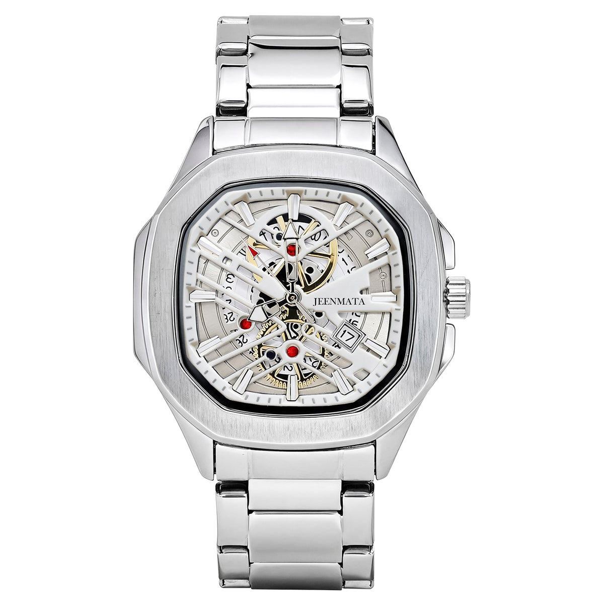 JeenMata Men’s Stainless Steel Octagon Watch, Water-Resistant White Geometric Skeleton Dial