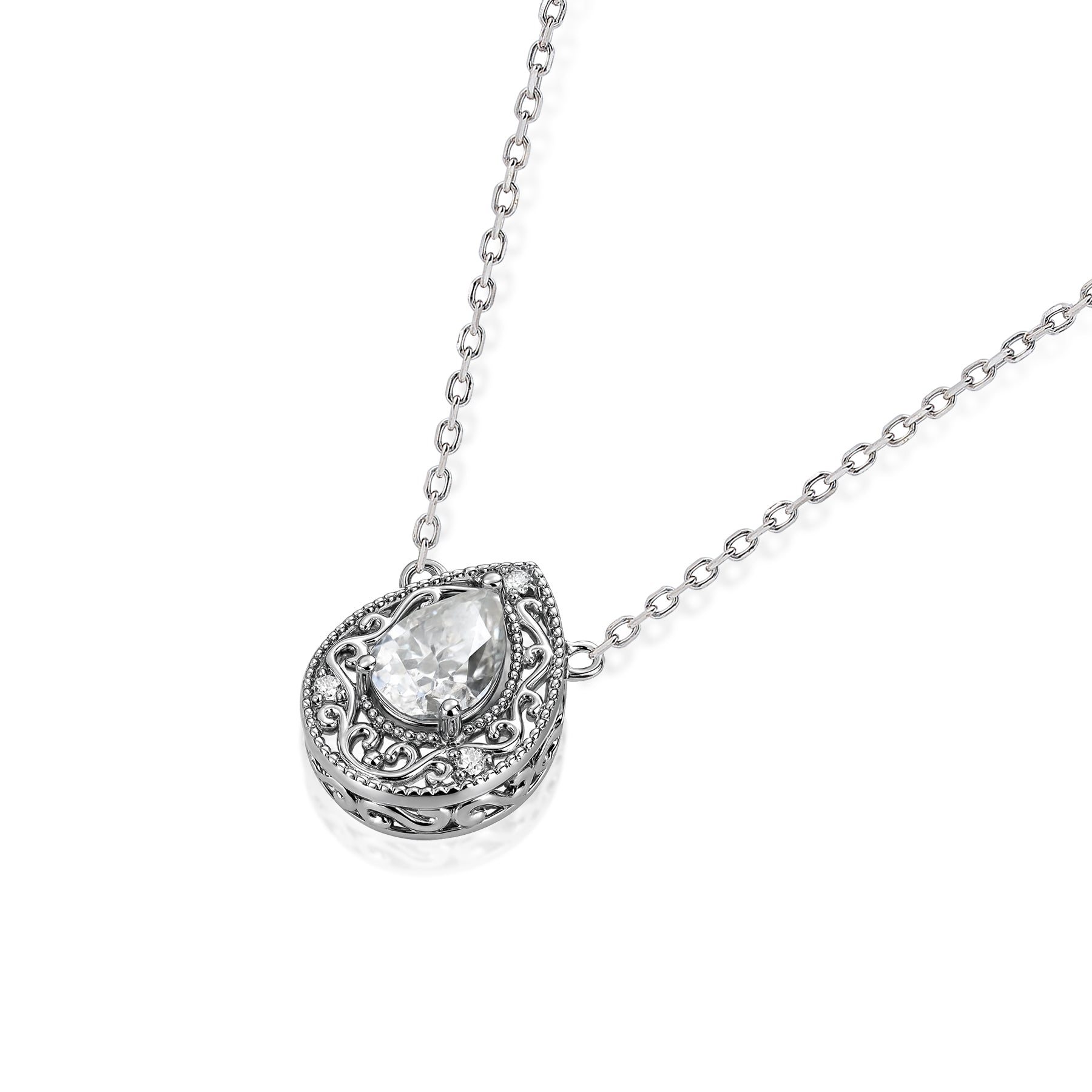 JeenMata 2 Carat Pear Cut Vintage Filigree Necklace - Moissanite Pendant in 18K White Gold Plating for Women