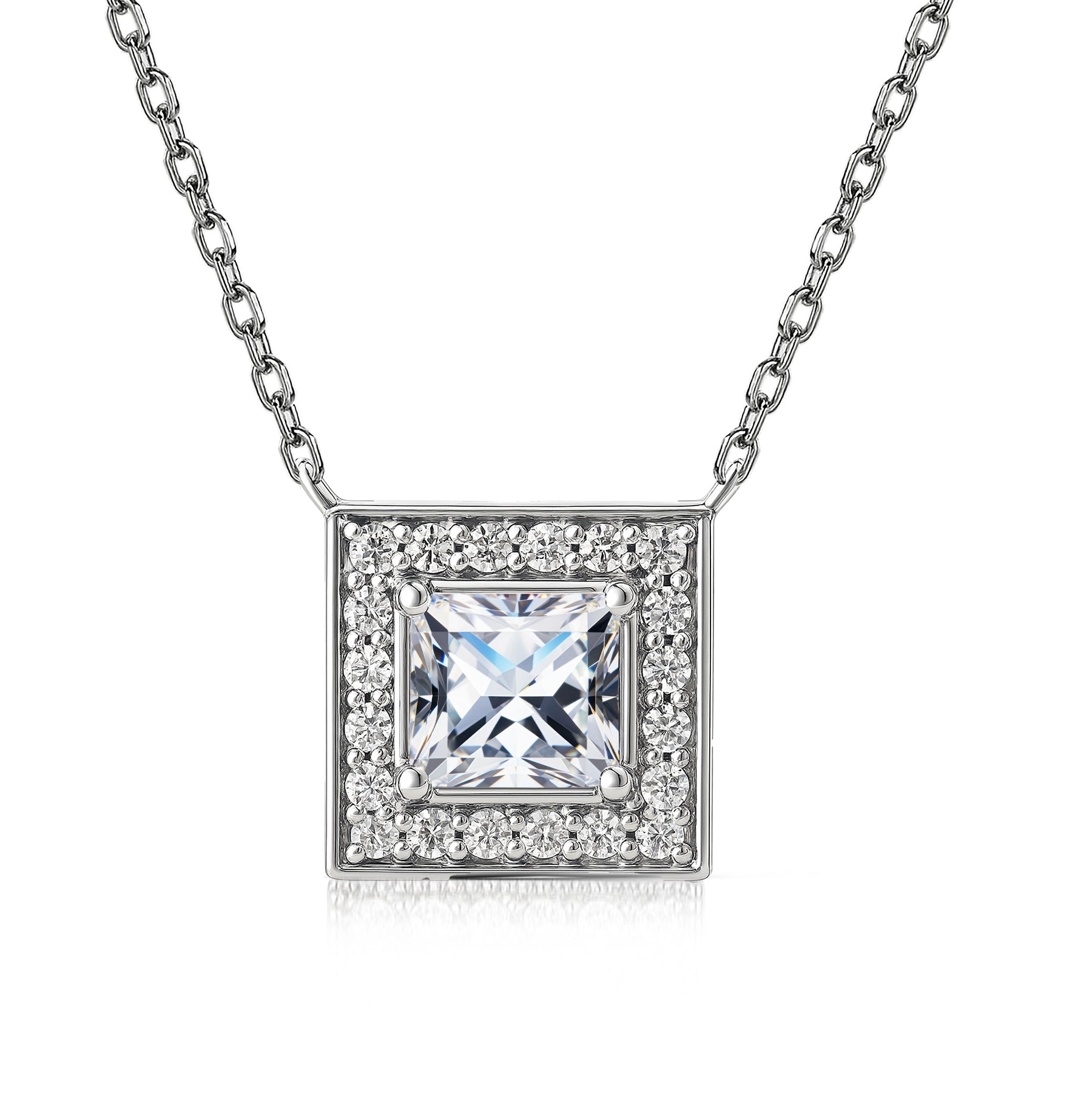 JeenMata 2 Carat Art Deco-Inspired Princess Cut Moissanite Pendant - in 18K White Gold Plating Necklace for Women