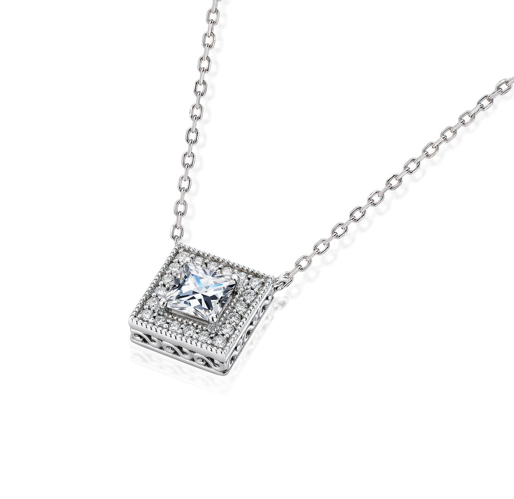 JeenMata 2 Carat Art Deco-Inspired Princess Cut Moissanite Pendant - in 18K White Gold Plating Necklace for Women