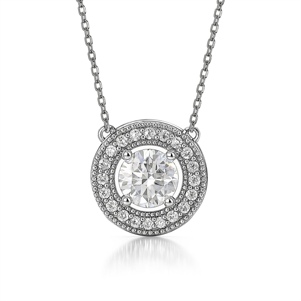 JeenMata 2 Carat Round Halo Moissanite Pendant Necklace - Vintage Inspired Pendant in 18K White Gold Plating for Women