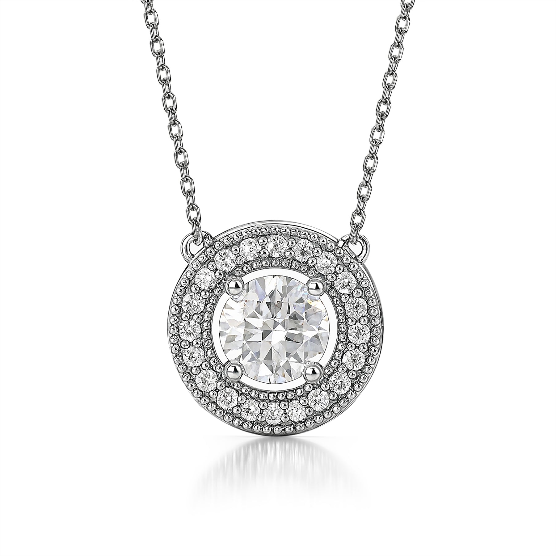 JeenMata 2 Carat Round Halo Moissanite Pendant Necklace - Vintage Inspired Pendant in 18K White Gold Plating for Women