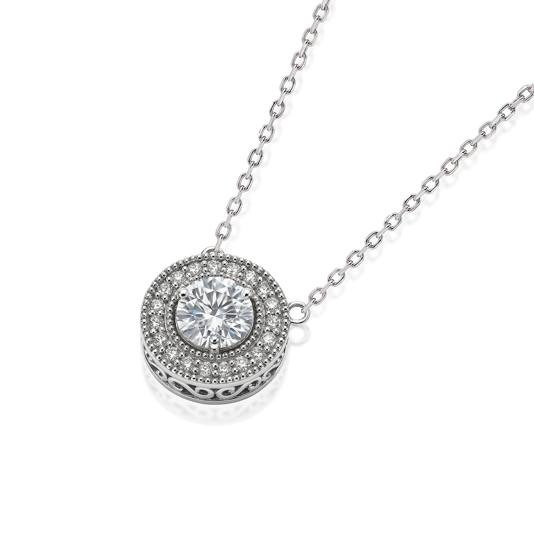 JeenMata 2 Carat Round Halo Moissanite Pendant Necklace - Vintage Inspired Pendant in 18K White Gold Plating for Women