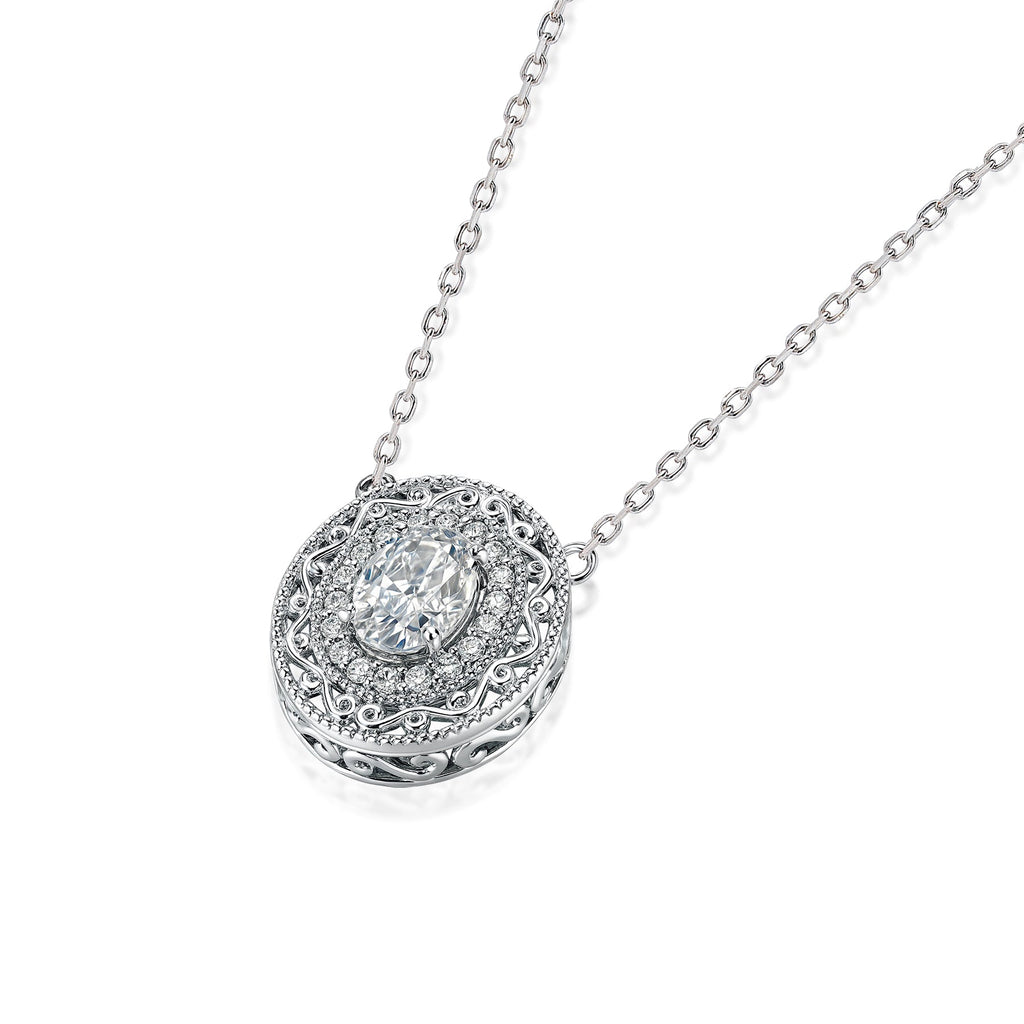 JeenMata 2 Carat Classic Oval Filigree Moissanite Pendant Necklace - in 18K White Gold Plating for Women