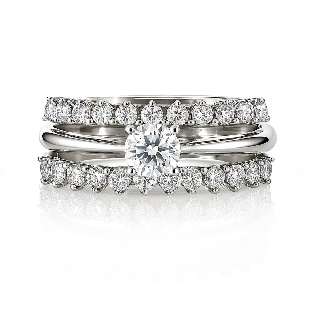 JeenMata Lab Grown Diamond 1 Carat Round Cut Trio Wedding Ring Set - Solitaire Engagement Ring with Double Eternity Band in 18K White Gold Plating for Women