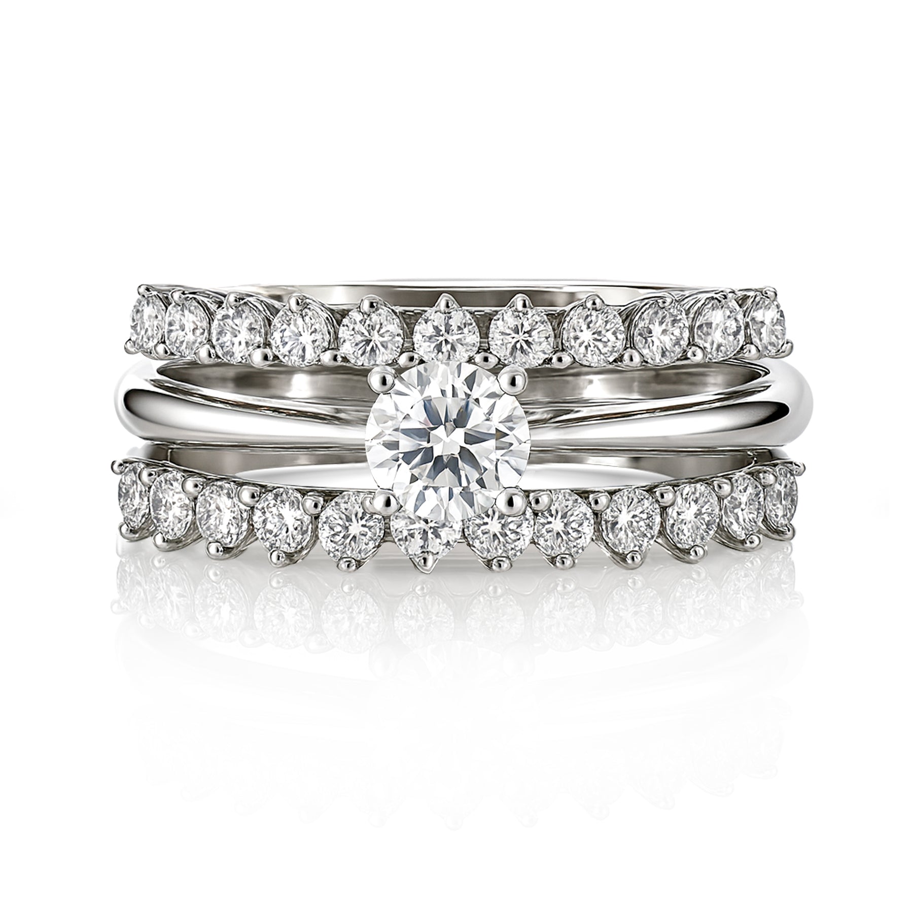 JeenMata Lab Grown Diamond 1 Carat Round Cut Trio Wedding Ring Set - Solitaire Engagement Ring with Double Eternity Band in 18K White Gold Plating for Women