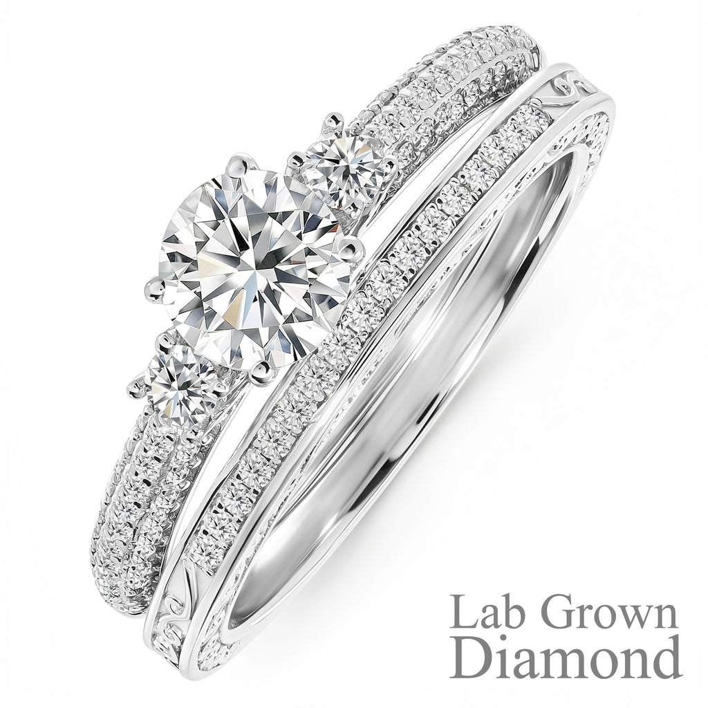 JeenMata 1.25 Carat Round Brilliant Cut Lab Grown Three Stones Diamond - Vintage Design Wedding Ring Set in 18K White Gold Plating for Women