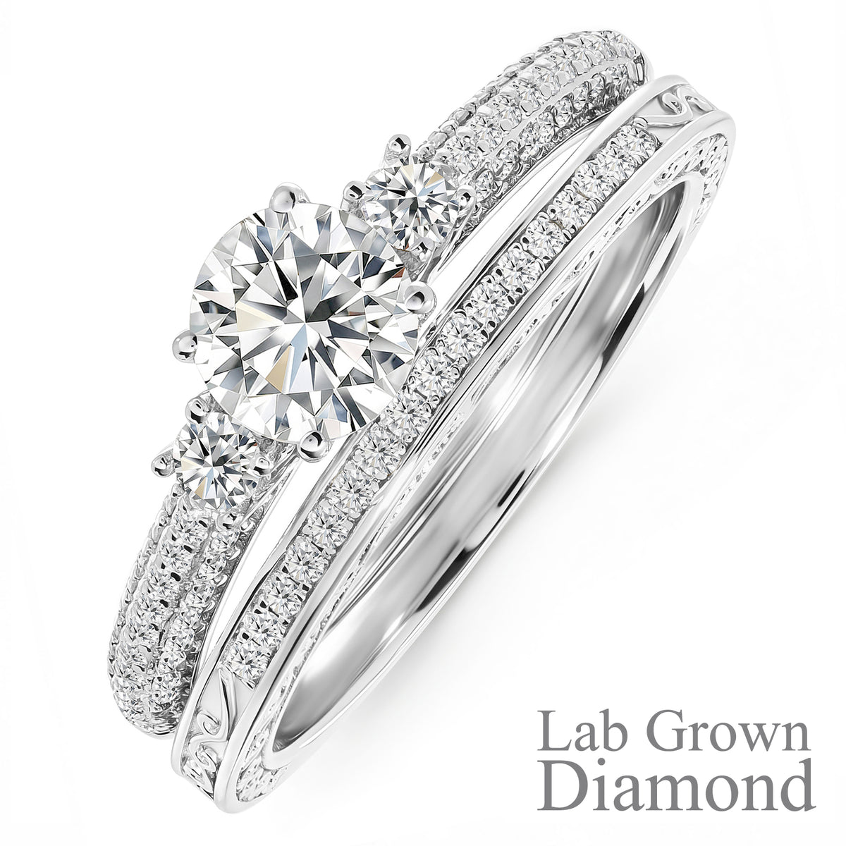 JeenMata 1.25 Carat Round Brilliant Cut Lab Grown Three Stones Diamond - Vintage Design Wedding Ring Set in 18K White Gold Plating for Women