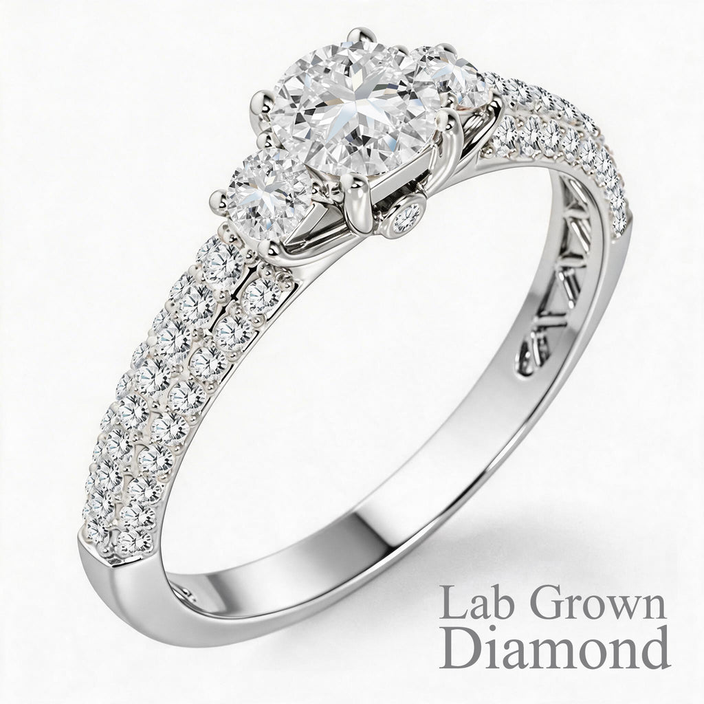 JeenMata 1 Carat Round Cut Lab Grown Diamond Classic Three Stones Engagement Ring - Vintage Style Micro Pave Wedding Ring in 18K White Gold Plating for Women