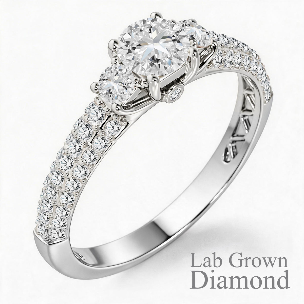 JeenMata 1 Carat Round Cut Lab Grown Diamond Classic Three Stones Engagement Ring - Vintage Style Micro Pave Wedding Ring in 18K White Gold Plating for Women