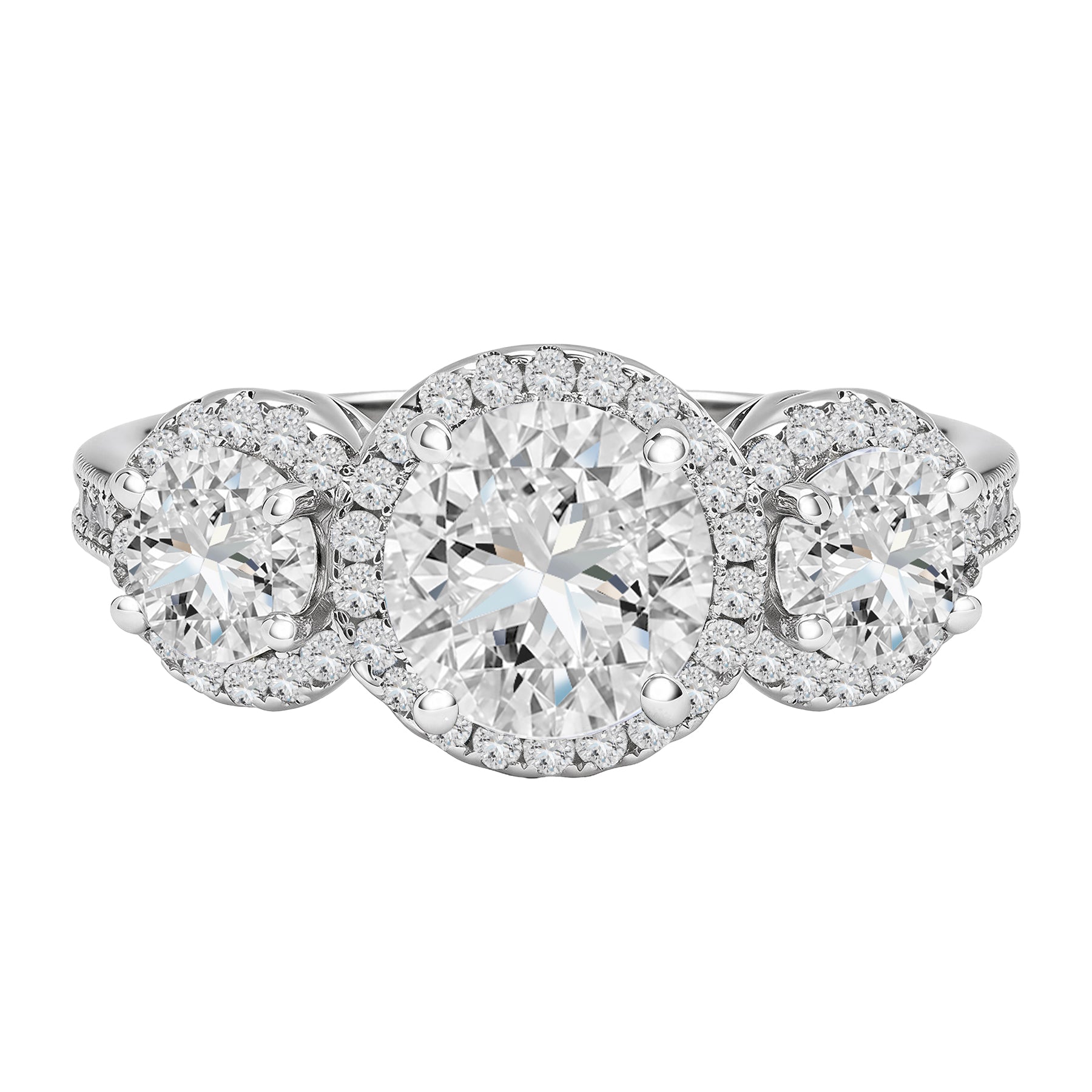 JeenMata 2.25 Carat Round Brilliant Cut Moissanite - Three Stone Engagement Rings in 18K White Gold Plating for Women
