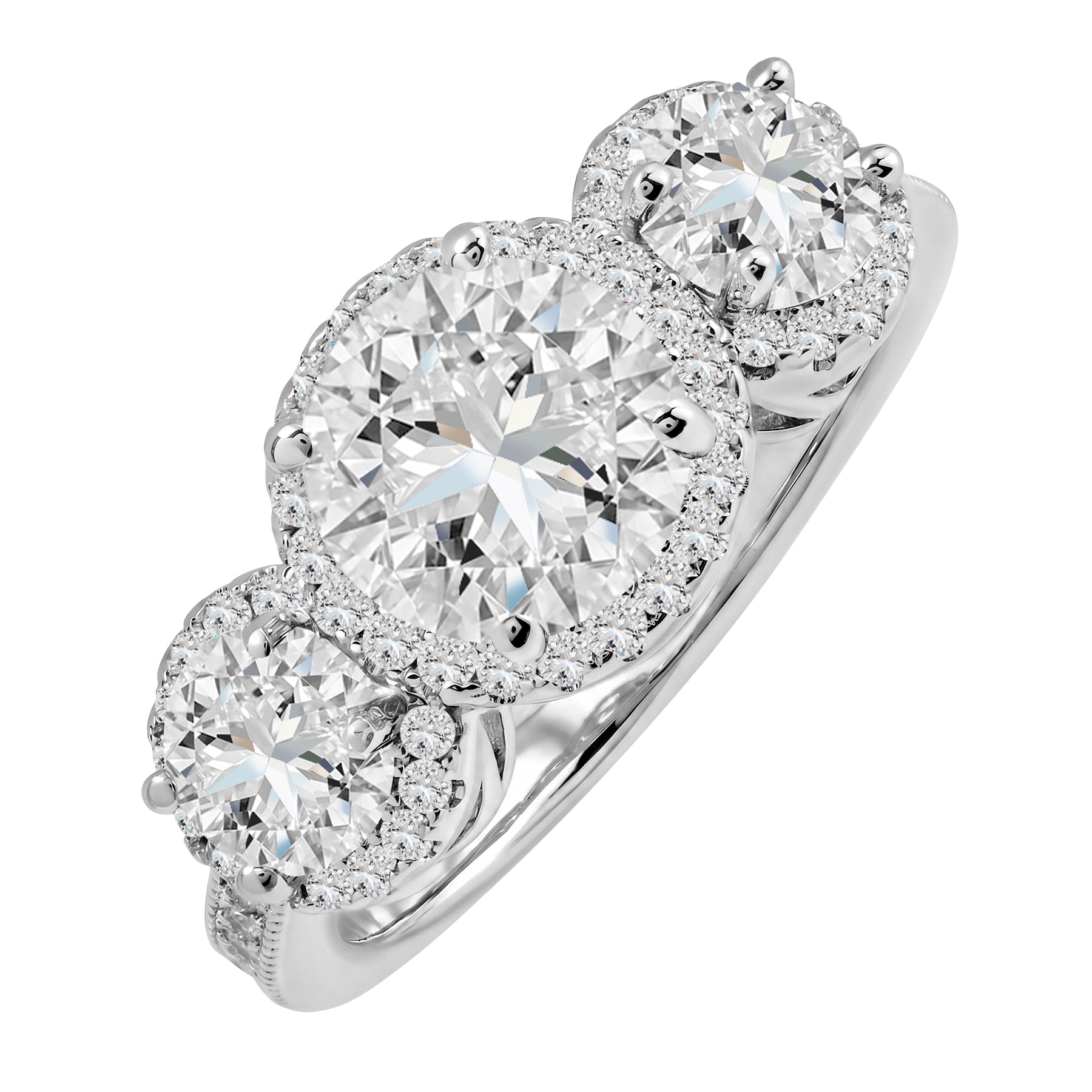 JeenMata 2.25 Carat Round Brilliant Cut Moissanite - Three Stone Engagement Rings in 18K White Gold Plating for Women