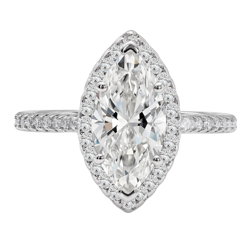 JeenMata 2.25 Carat Marquise Cut Moissanite Halo Engagement Ring for Women, Marquise Solitaire with Round Halo Accents in 18K White Gold Plating For Women