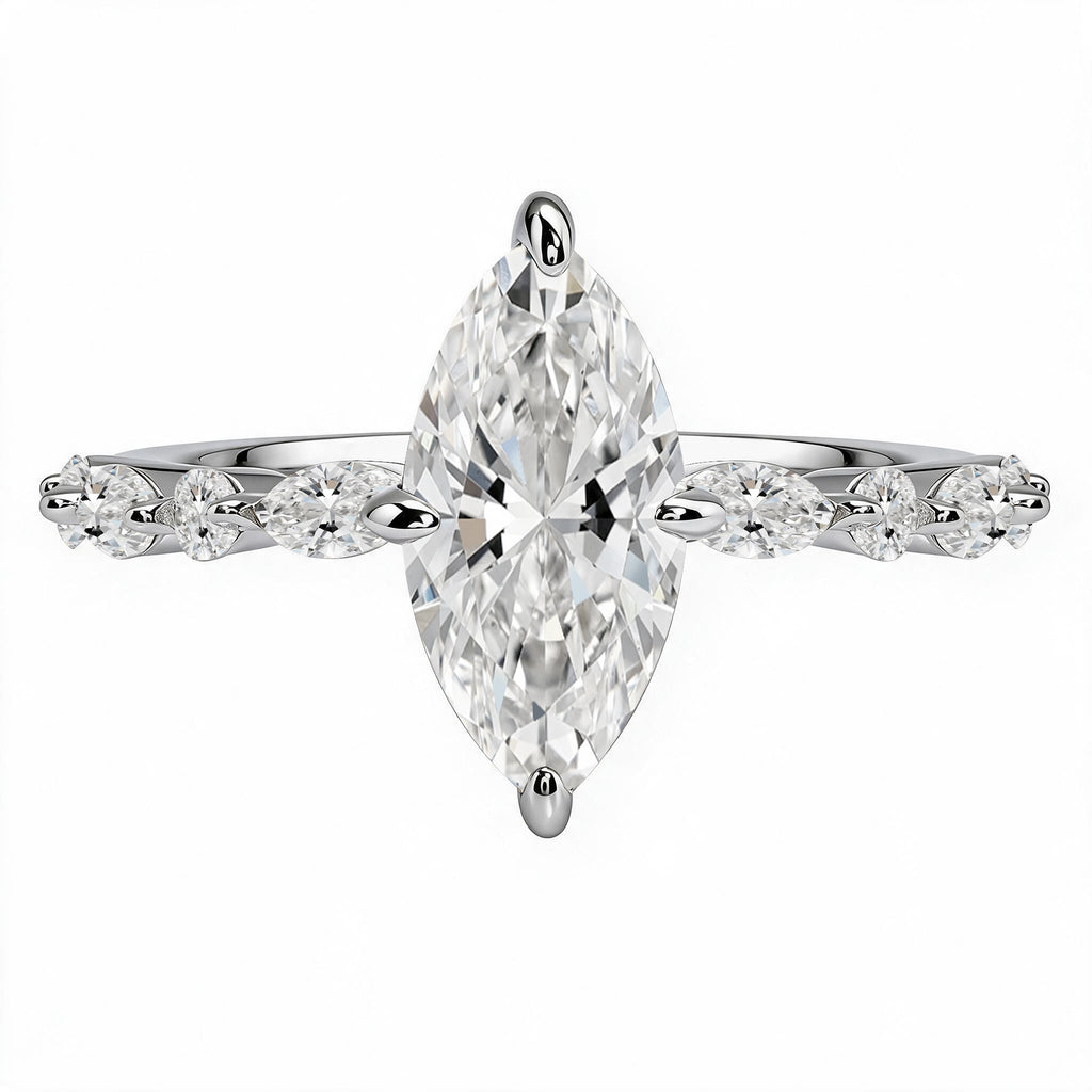 JeenMata 2.50 Carat Marquise Cut Moissanite Engagement Ring for Her, Solitaire Marquise Ring with Round & Marquise Side Stones in 18K White Gold Plating for Women