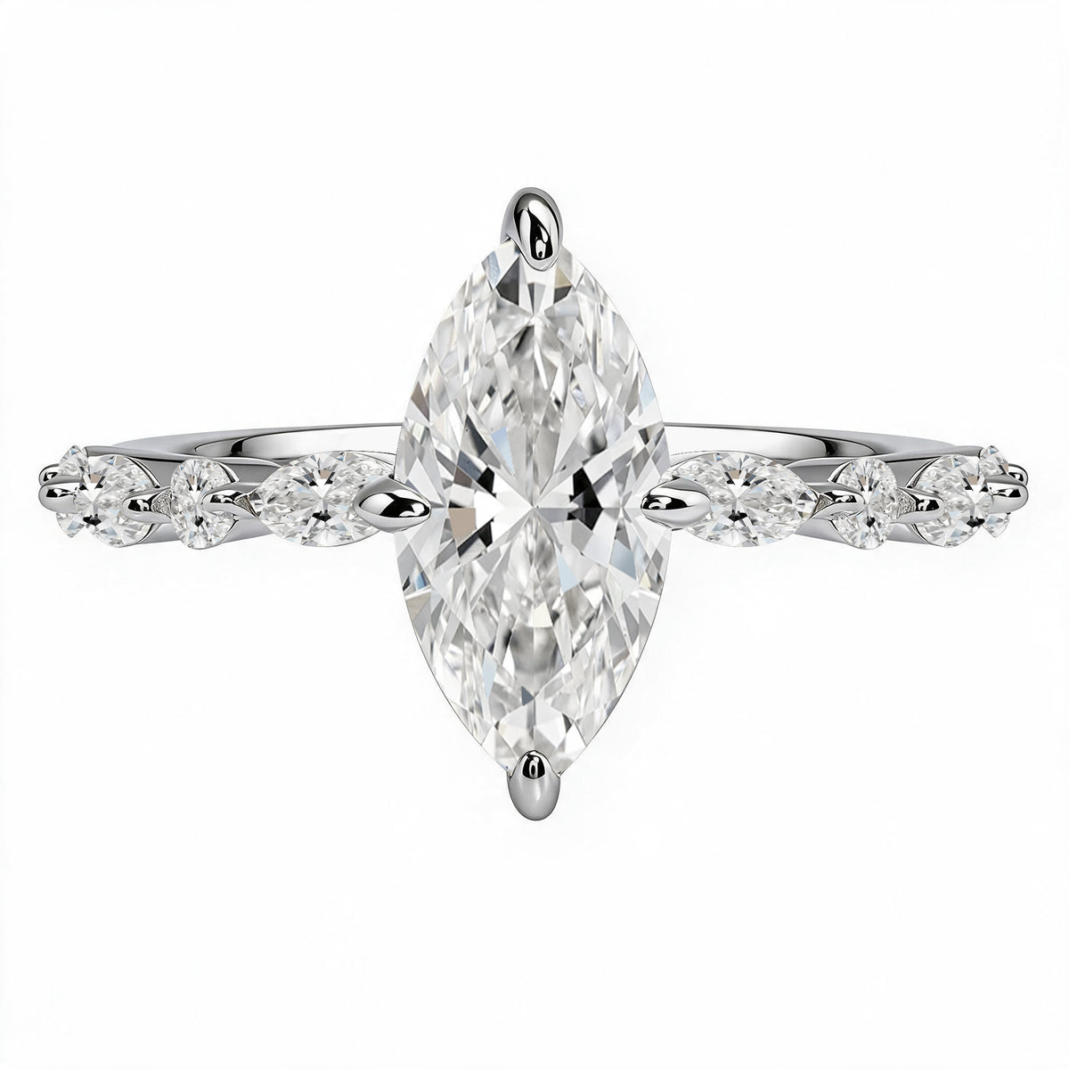 JeenMata 2.50 Carat Marquise Cut Moissanite Engagement Ring for Her, Solitaire Marquise Ring with Round & Marquise Side Stones in 18K White Gold Plating for Women