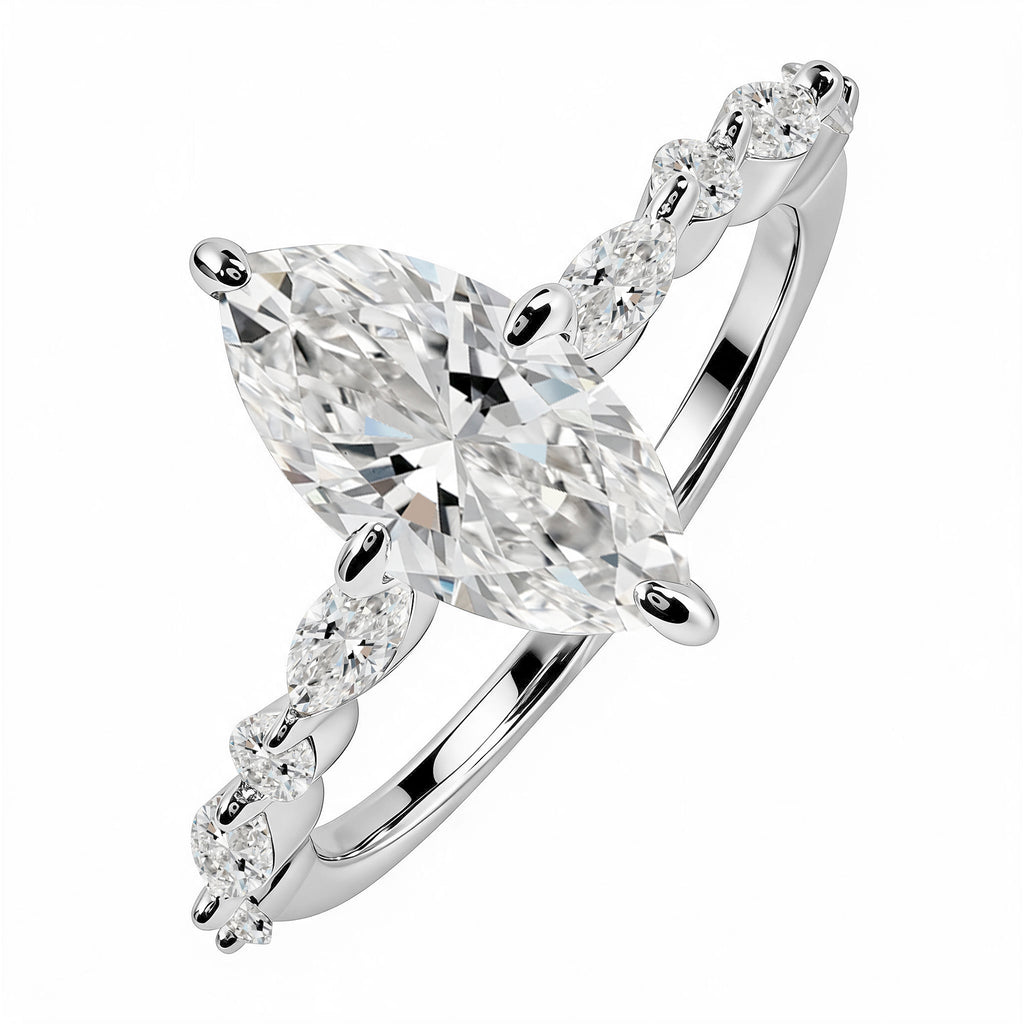 JeenMata 2.50 Carat Marquise Cut Moissanite Engagement Ring for Her, Solitaire Marquise Ring with Round & Marquise Side Stones in 18K White Gold Plating for Women