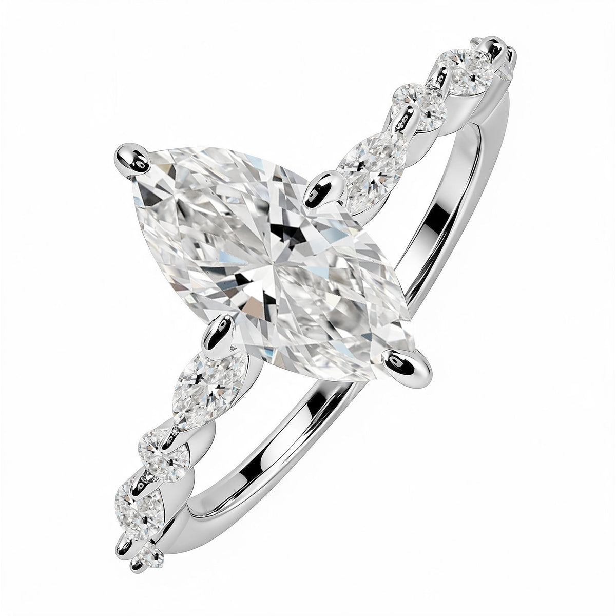 JeenMata 2.50 Carat Marquise Cut Moissanite Engagement Ring for Her, Solitaire Marquise Ring with Round & Marquise Side Stones in 18K White Gold Plating for Women