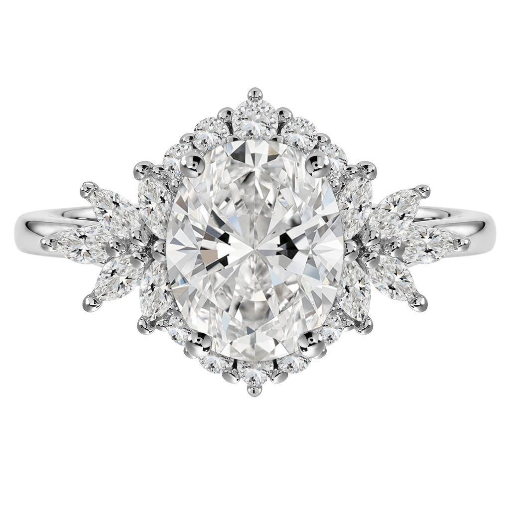 JeenMata 3 Carat Oval Cut Moissanite - Halo Engagement Ring in 18K White Gold Plating for Women