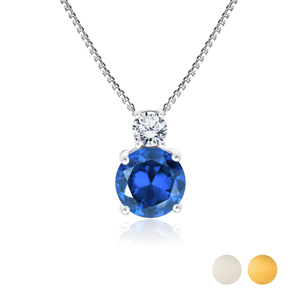 JeenMata 3.75 Carat September Royal Blue Sapphire Birthstone Necklace - Dangling Round Cut Necklace Pendant in White Gold Plating for Women
