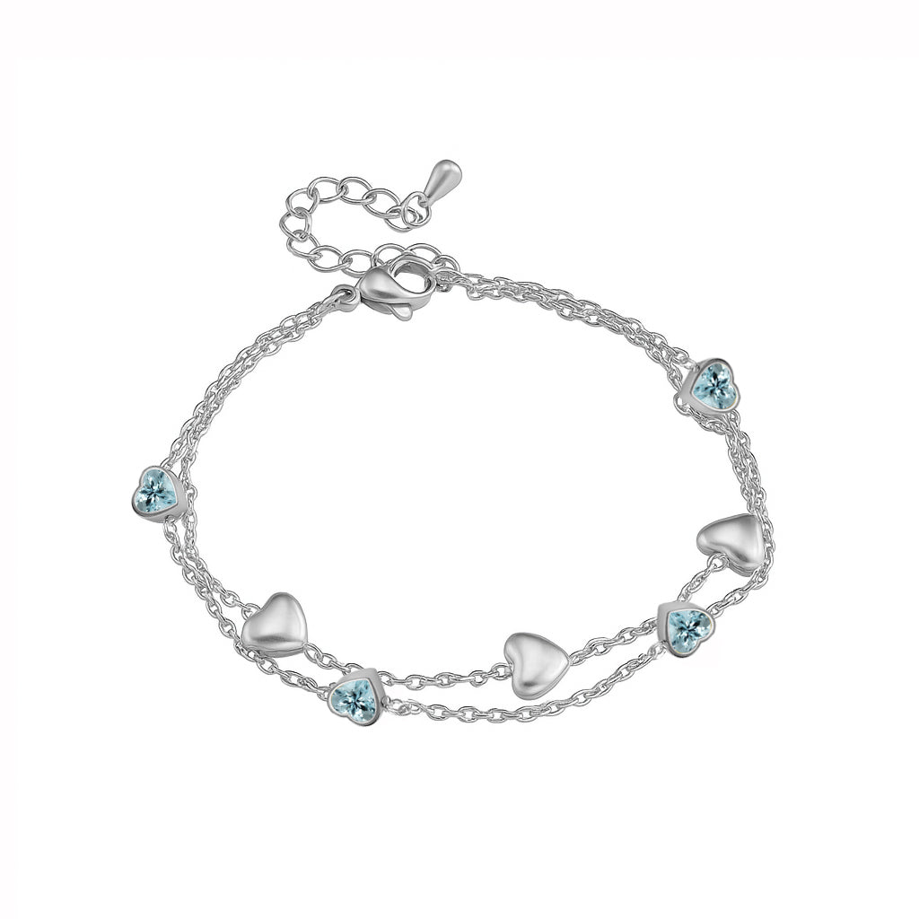 JeenMata 3 Carat March Birthstone Heart Bracelet - Double Heart Bracelet in 18K White Gold Plating for Women