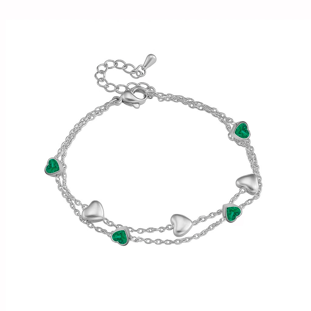 JeenMata 3 Carat May Birthstone Heart Bracelet - Double Heart Bracelet in 18K White Gold Plating for Women