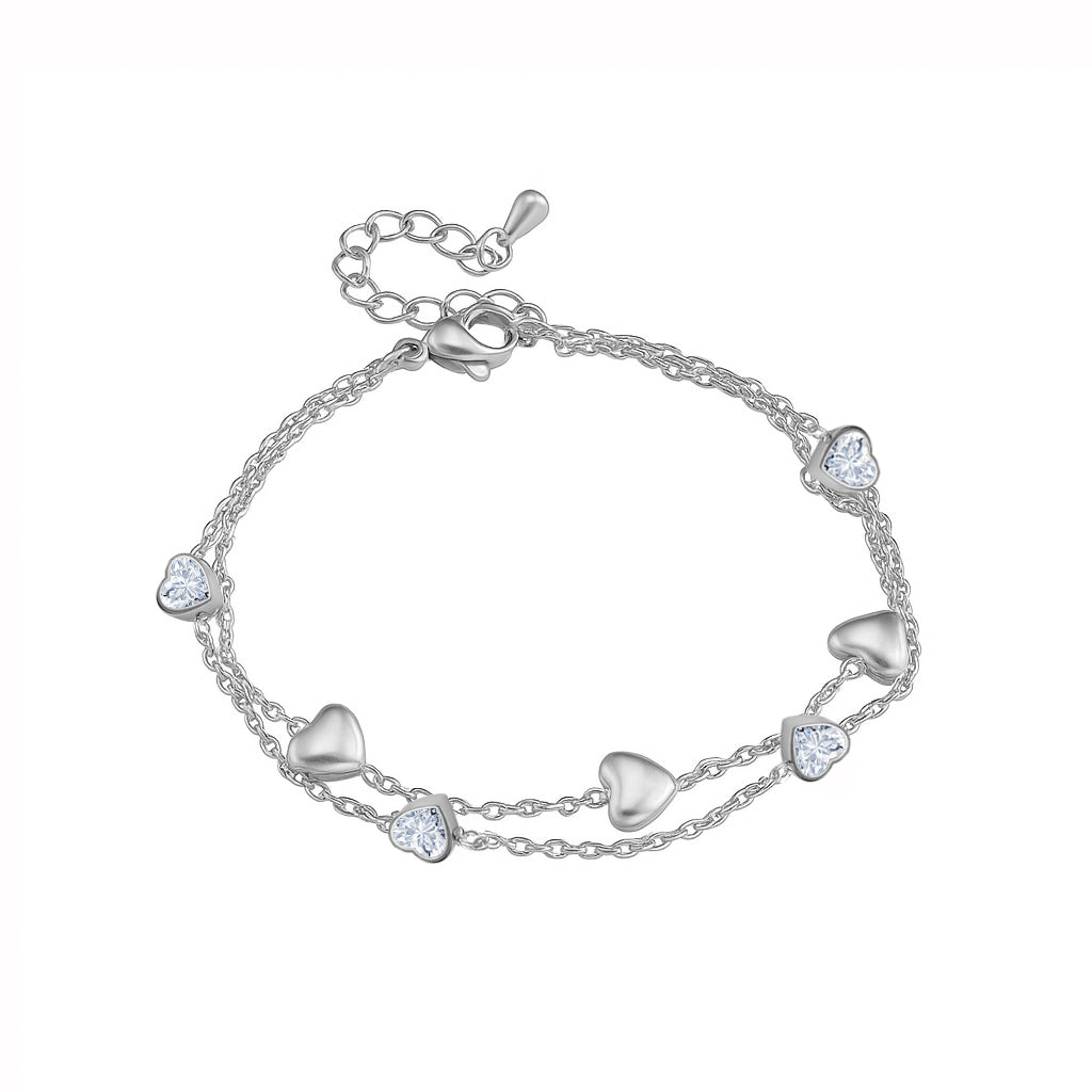 JeenMata 3 Carat April Birthstone Heart Bracelet - Double Heart Bracelet in 18K White Gold Plating for Women