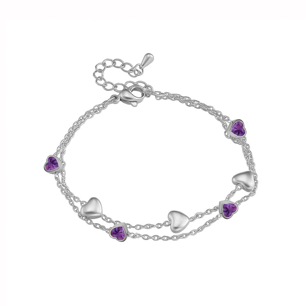 JeenMata 3 Carat February Birthstone Heart Bracelet - Double Heart Bracelet in 18K White Gold Plating for Women