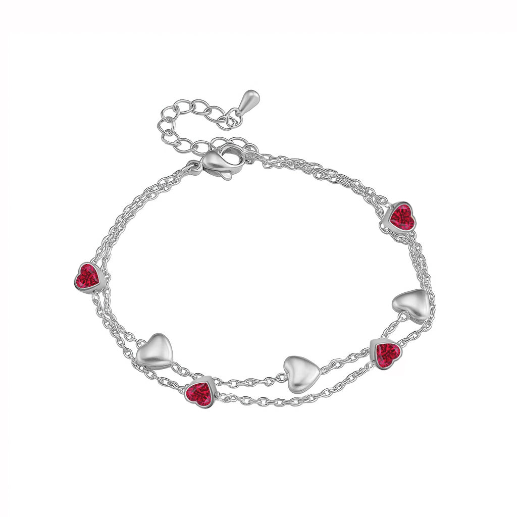 JeenMata 3 Carat July Birthstone Heart Bracelet - Double Heart Bracelet in 18K White Gold Plating for Women
