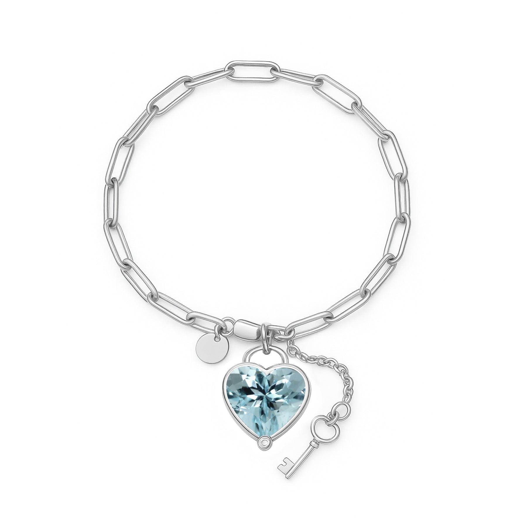 JeenMata 3 Carat March Heart & Key Charm Birthstone Bracelet - 18K White Gold Plating for Women