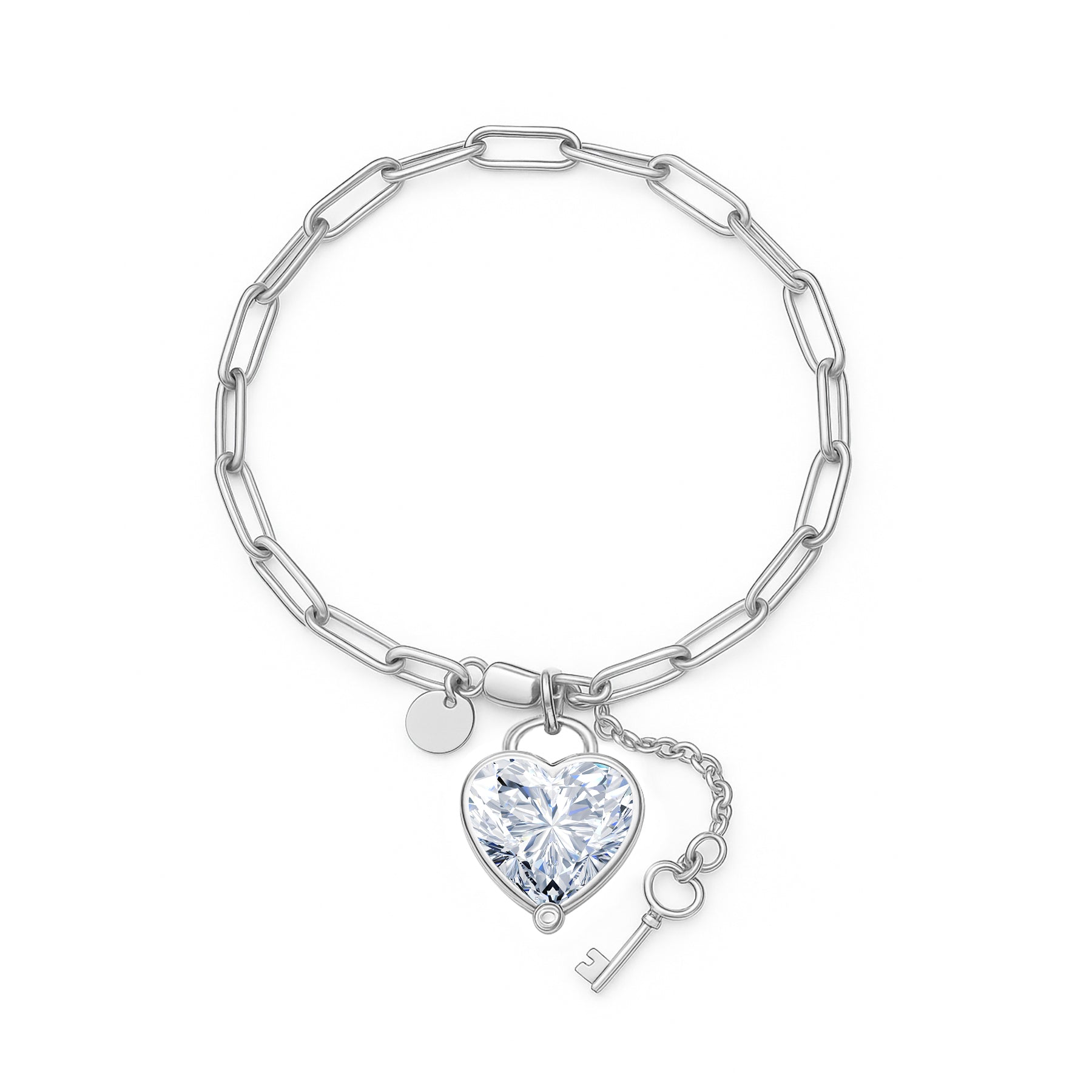 JeenMata 3 Carat April Heart & Key Charm Birthstone Bracelet - 18K White Gold Plating for Women
