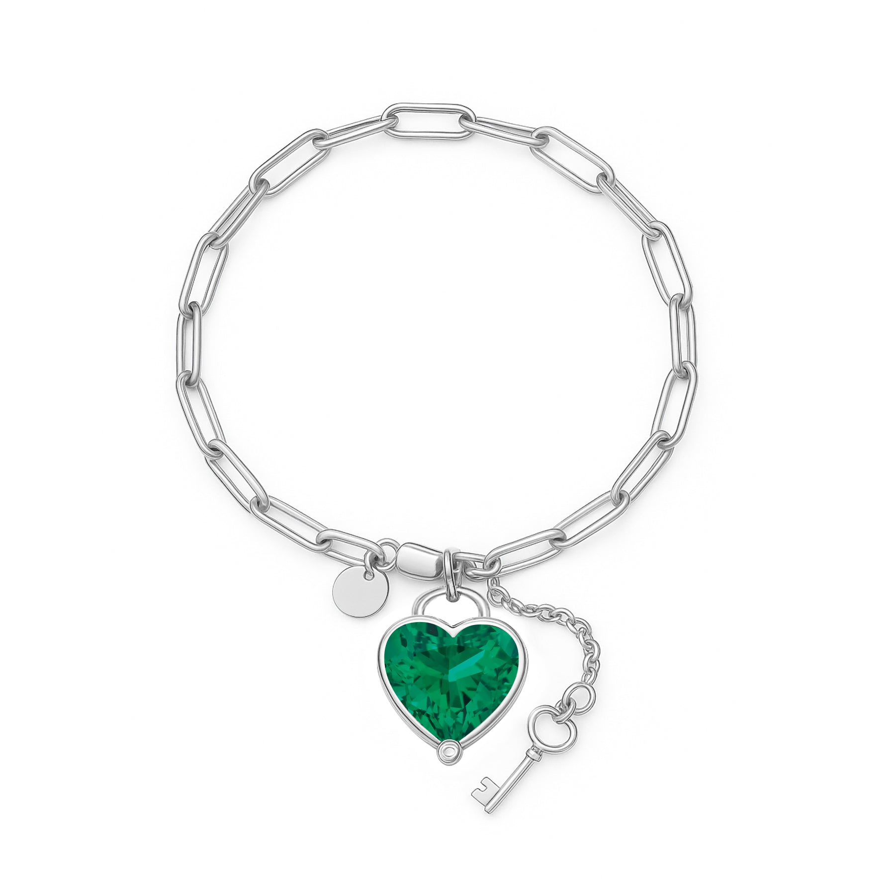JeenMata 3 Carat May Heart & Key Charm Birthstone Bracelet - 18K White Gold Plating for Women