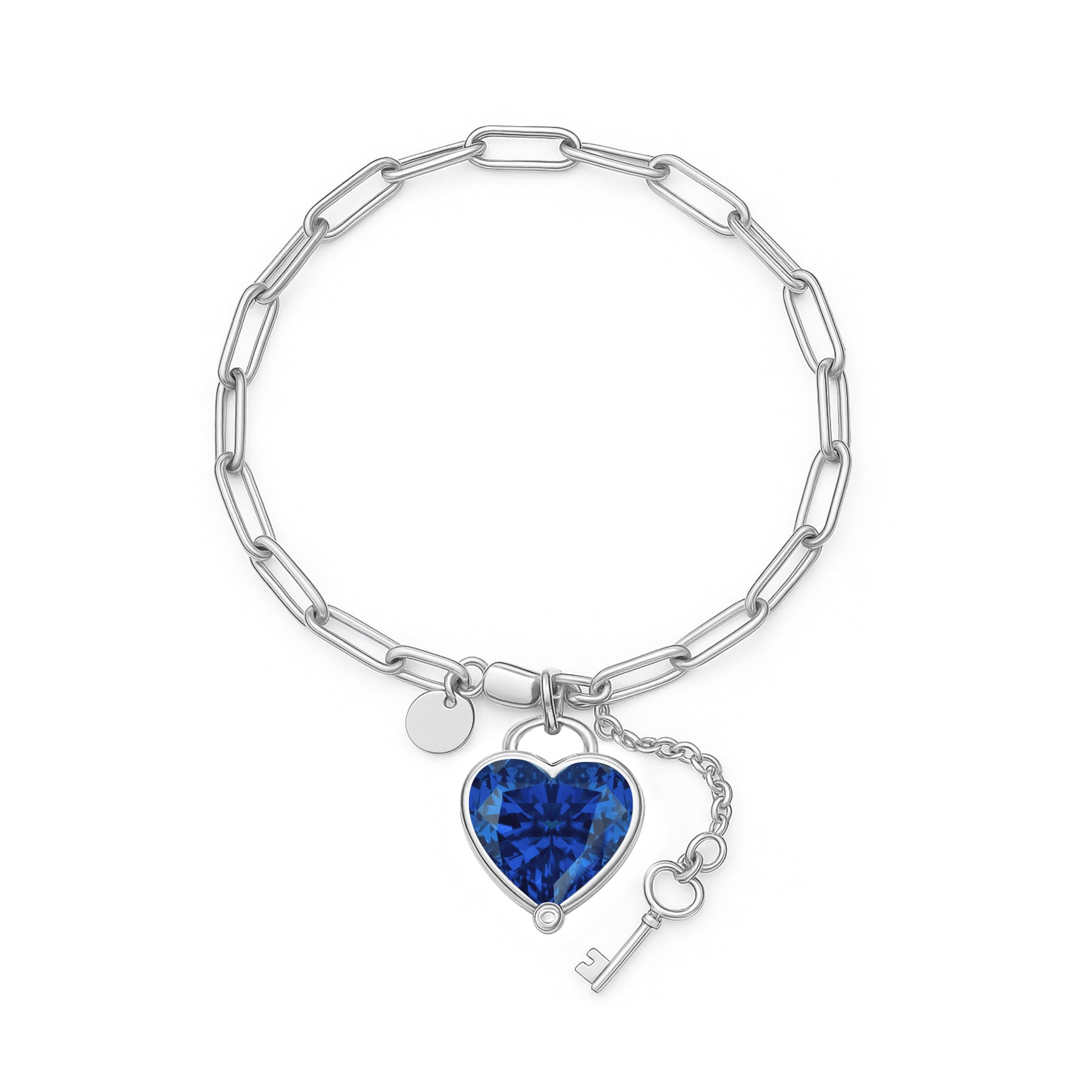 JeenMata 3 Carat September Heart & Key Charm Birthstone Bracelet - 18K White Gold Plating for Women