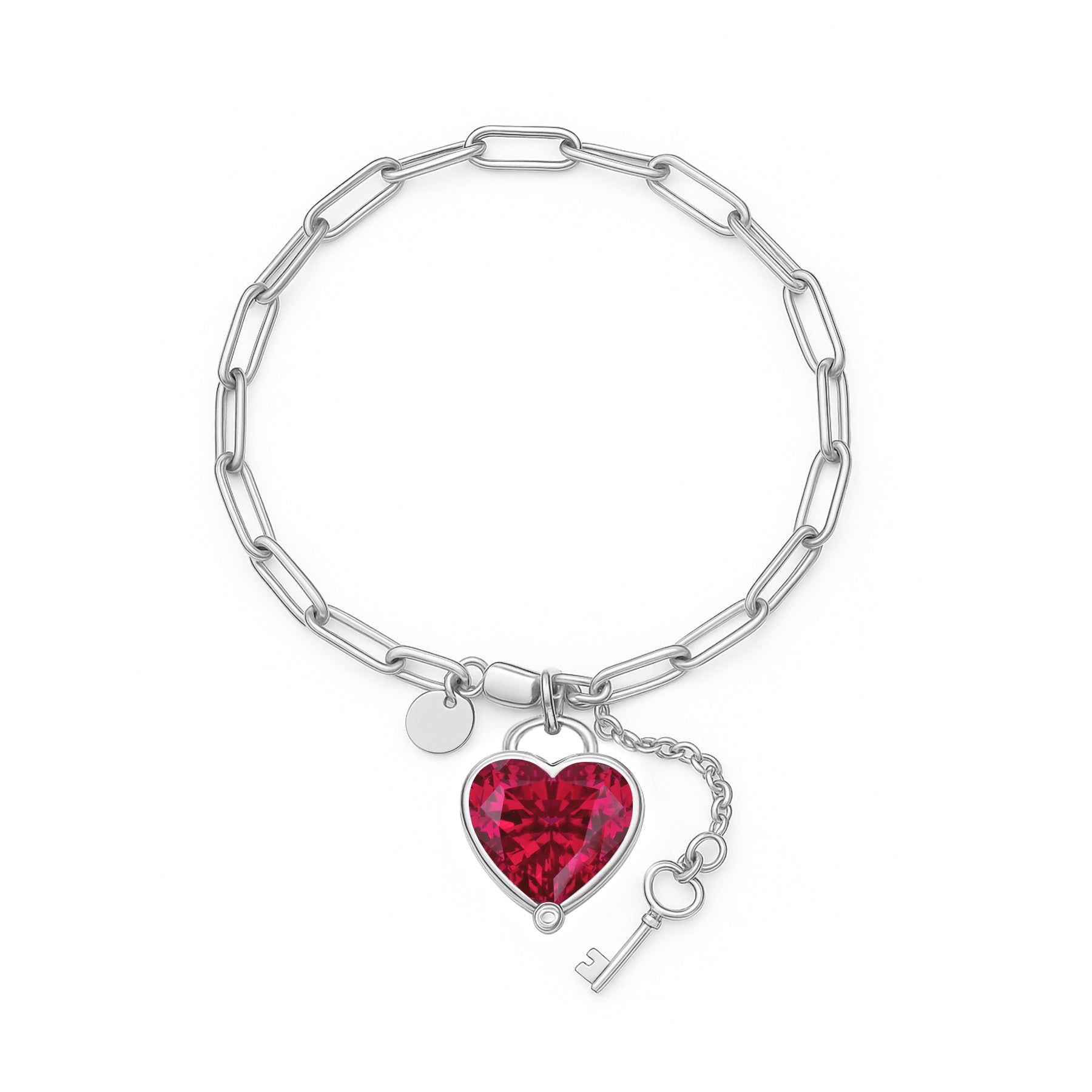 JeenMata 3 Carat July Heart & Key Charm Birthstone Bracelet - 18K White Gold Plating for Women