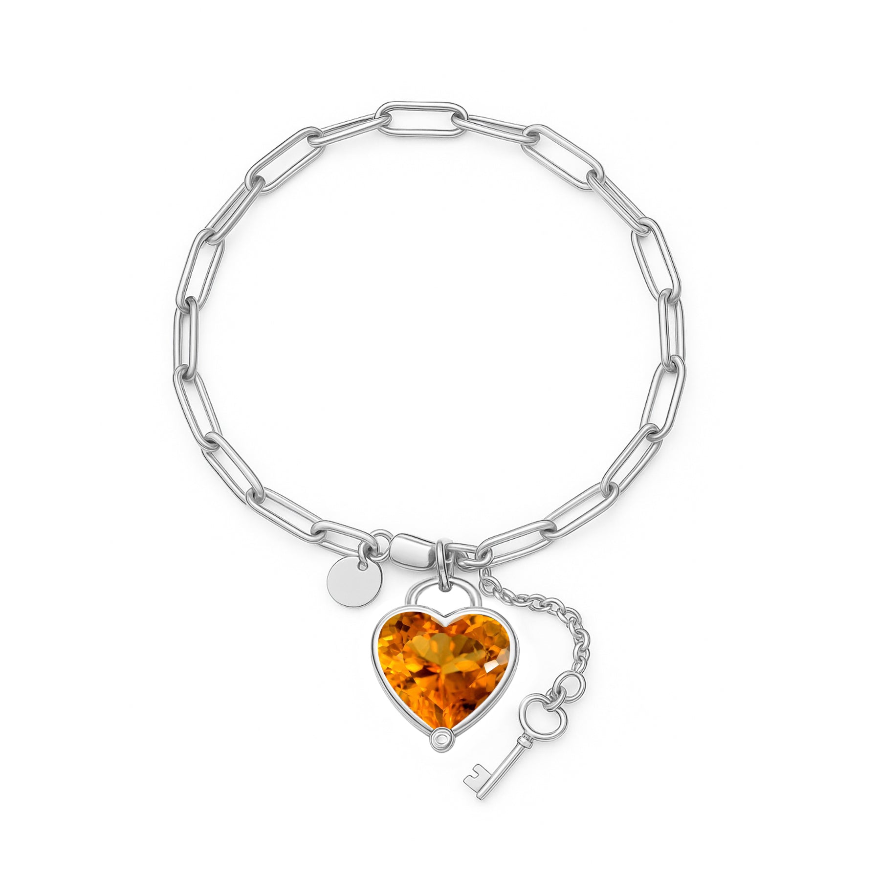 JeenMata 3 Carat November Heart & Key Charm Birthstone Bracelet - 18K White Gold Plating for Women
