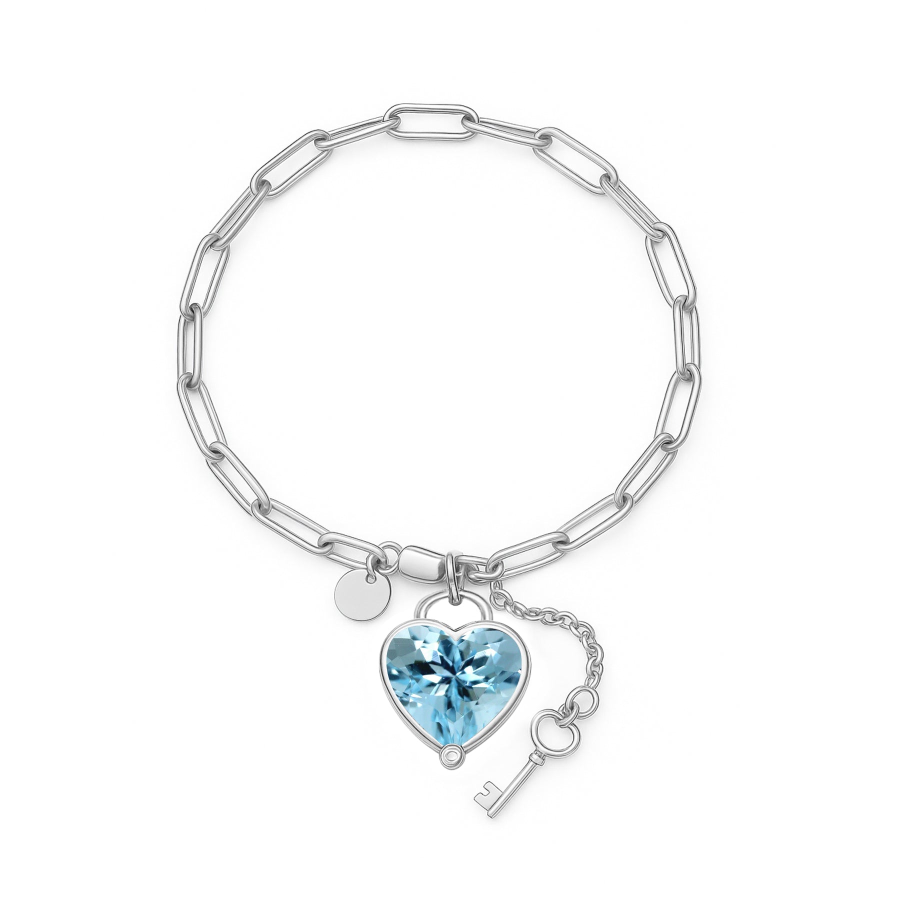 JeenMata 3 Carat December Heart & Key Charm Birthstone Bracelet - 18K White Gold Plating for Women