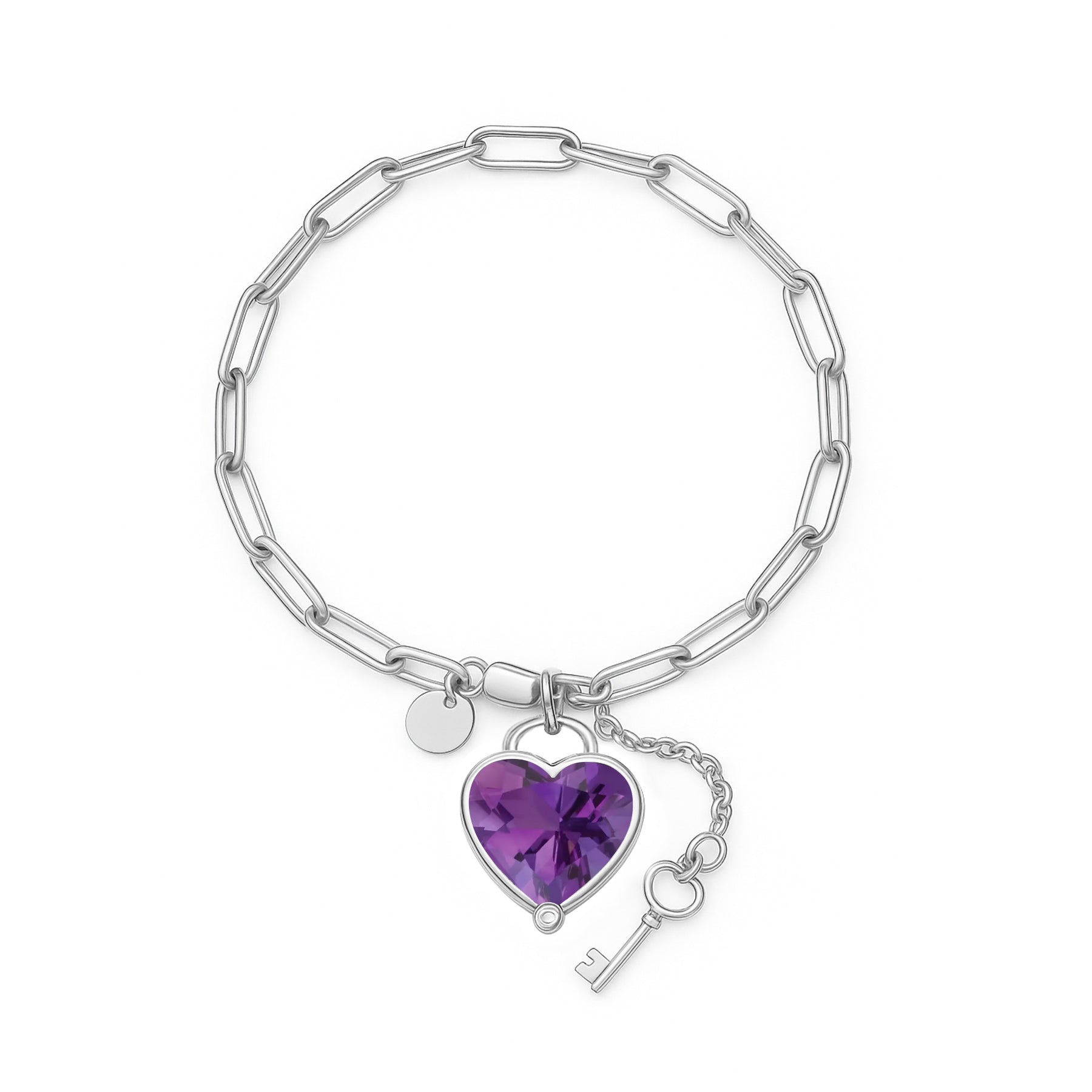 JeenMata 3 Carat February Heart & Key Charm Birthstone Bracelet - 18K White Gold Plating for Women