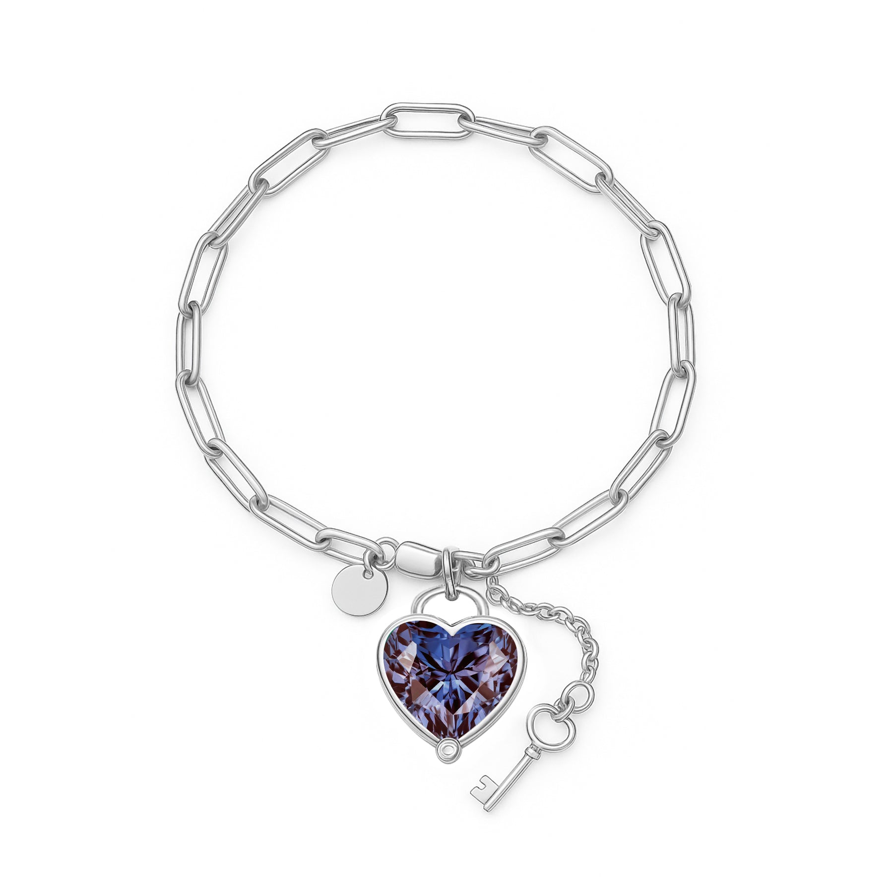 JeenMata 3 Carat June Heart & Key Charm Birthstone Bracelet - 18K White Gold Plating for Women