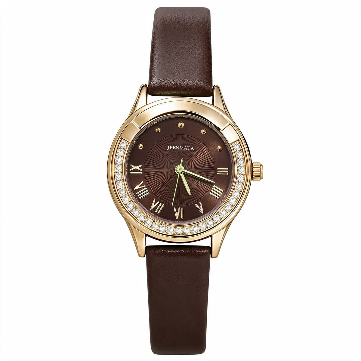 JeenMata Women's Vintage Gold & Brown Watch - Crystal Bezel Gold Case, Deep Brown Dial, Water Resistant Leatherette Wrist Watch