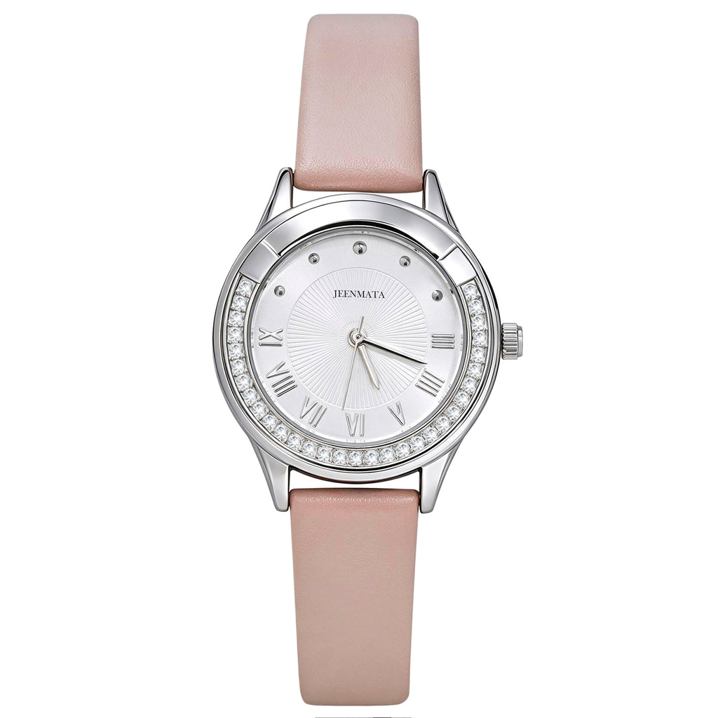JeenMata Women's Rhinestone Analog Watch - Silver Case with White Dial, Roman Numerals, Water Resistant Soft Pink Strap Wrist Watch