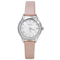 JeenMata Women's Rhinestone Analog Watch - Silver Case with White Dial, Roman Numerals, Water Resistant Soft Pink Strap Wrist Watch