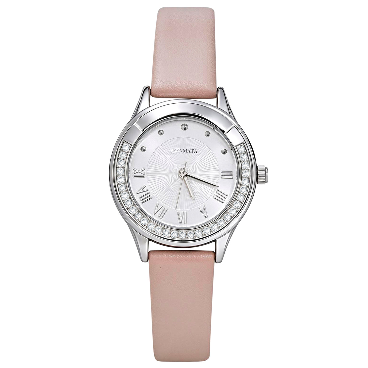 JeenMata Women's Rhinestone Analog Watch - Silver Case with White Dial, Roman Numerals, Water Resistant Soft Pink Strap Wrist Watch