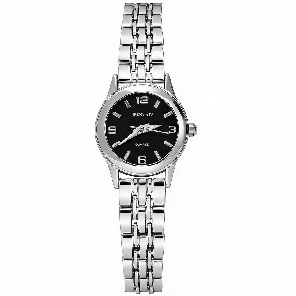 JeenMata Women's Silver & Black Watch - Black Dial with Crystal Markers, Silver Stainless Steel Link Bracelet, Water Resistant Quartz Watch