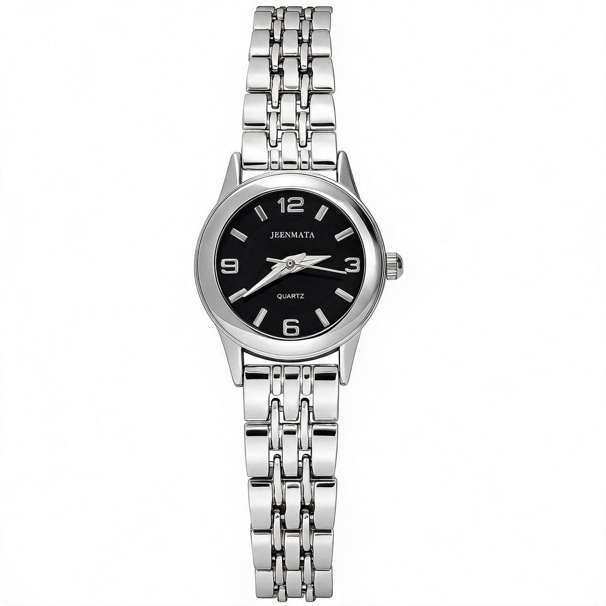 JeenMata Women's Silver & Black Watch - Black Dial with Crystal Markers, Silver Stainless Steel Link Bracelet, Water Resistant Quartz Watch