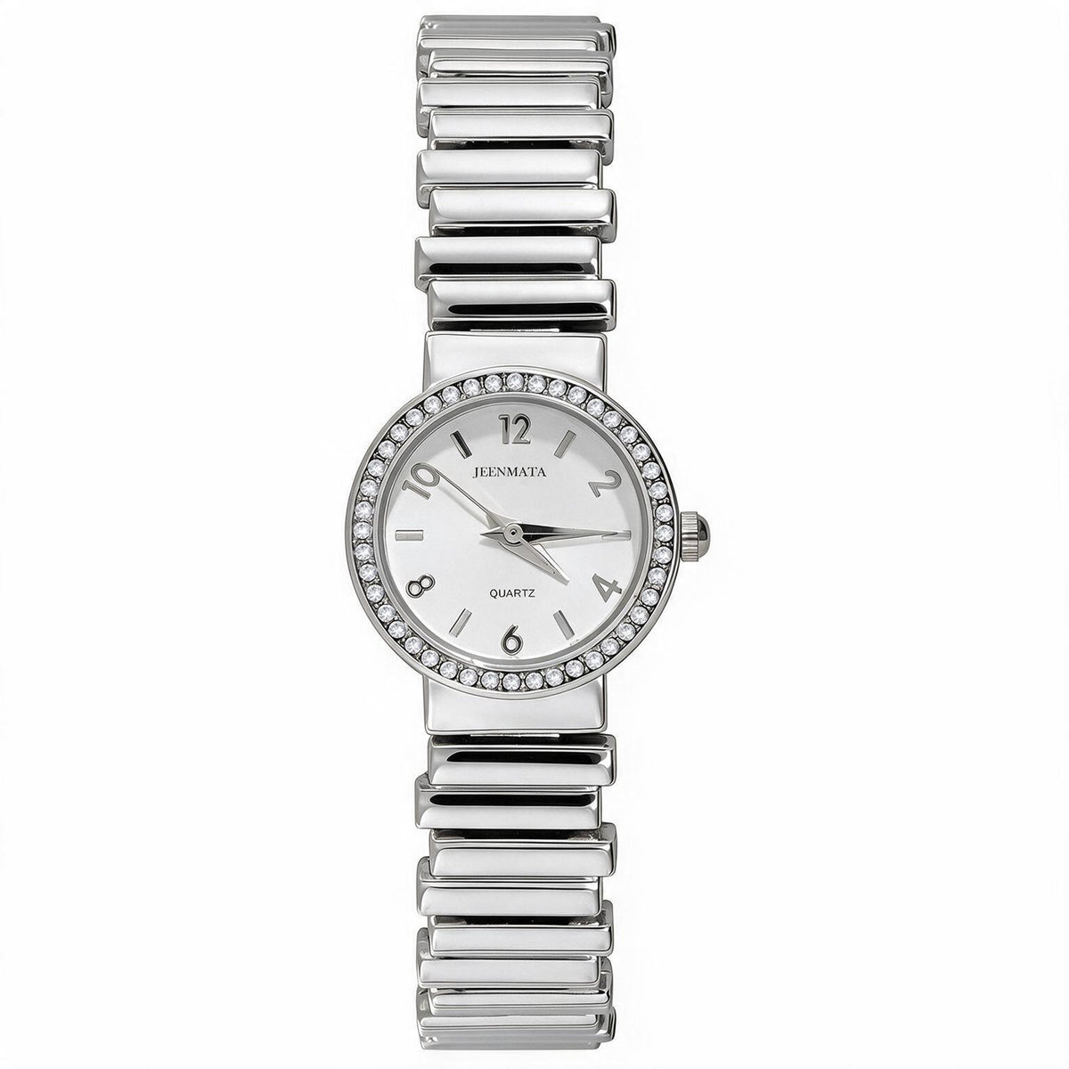 JeenMata Women's Classic Silver Stretch Watch - Crystal Bezel Silver Stainless Steel Expansion Band, White Dial, Water Resistant